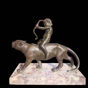 Bronze Sculpture Depicting Eros On A Panther.italy,early 19th Century.