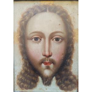 Huile sur cuivre représentant le visage du Christ. Peintre flamand du XVIIe siècle.