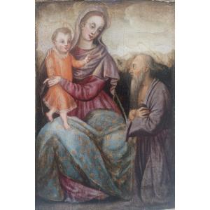 Huile sur panneau Vierge à l'enfant et Saint Jérôme. Italie, fin du XVIe siècle