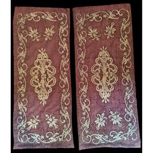 Pair Of Fabrics Embroidered With Silver Thread. Italy, 19th Century.