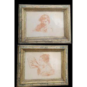 Paire de dessins XIXème avec cadres XVIIIème