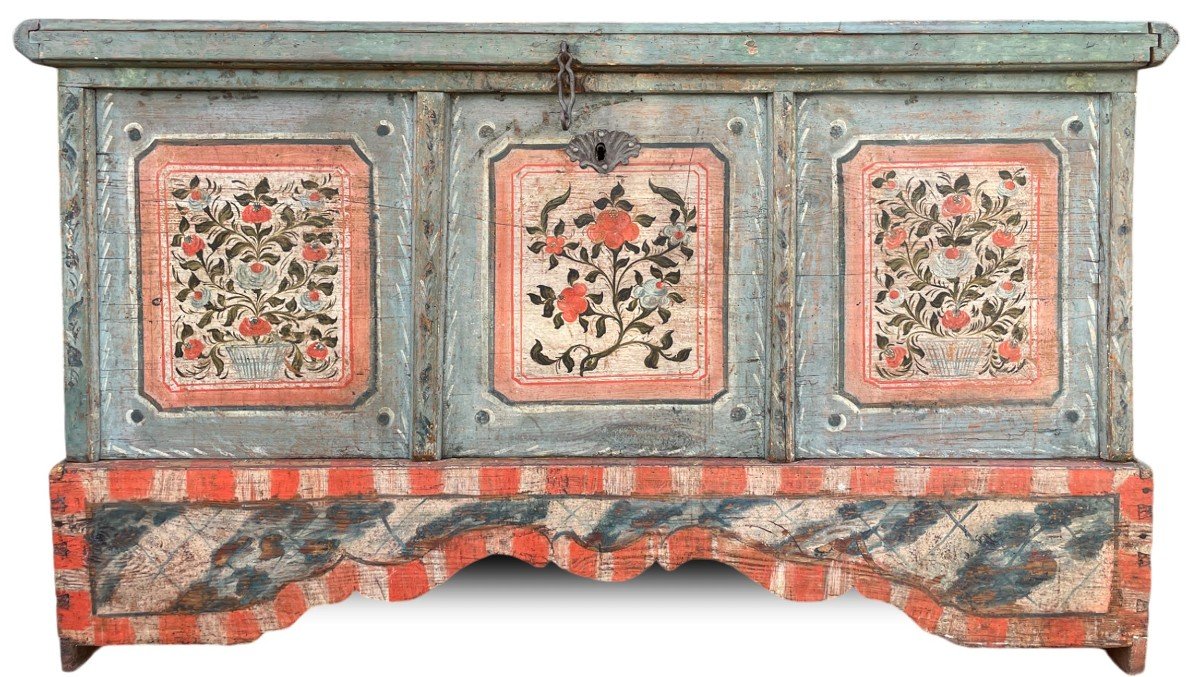 Early XIX Light Blue Floral Painted Blanket Chest