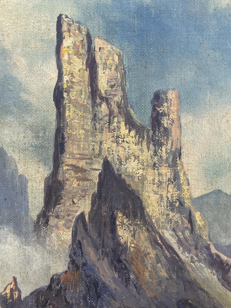 The Vajolet Towers, Dolomites – Italian Mountain Landscape, Oil On Canvas-photo-3