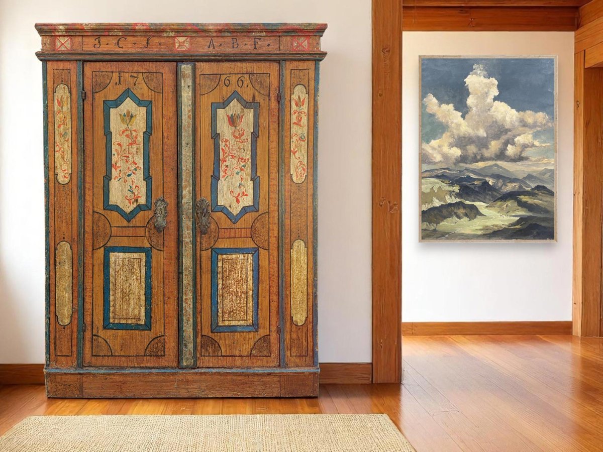 Antique Painted Wardrobe With Flowers Dated 1766-photo-3