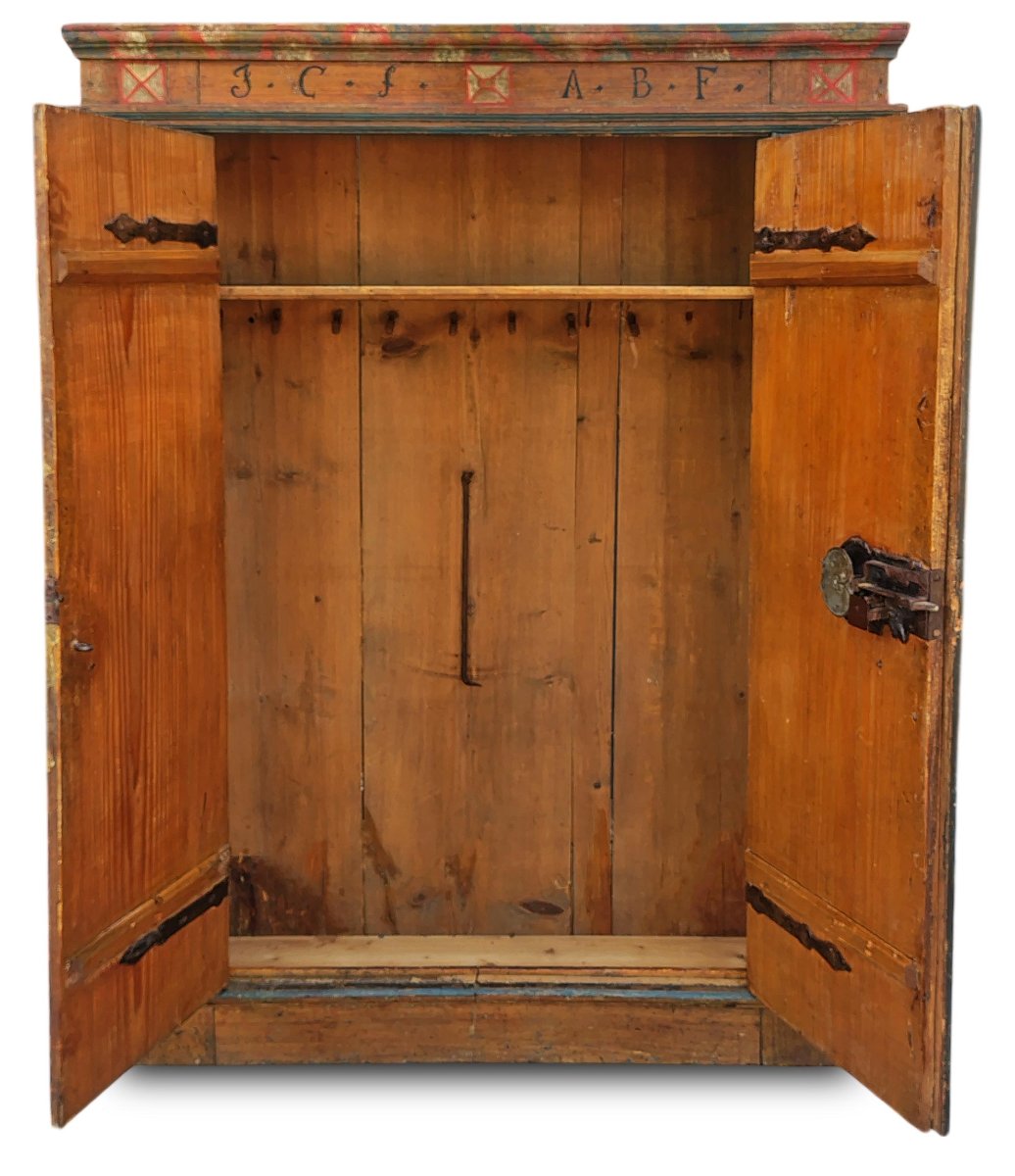 Antique Painted Wardrobe With Flowers Dated 1766-photo-1