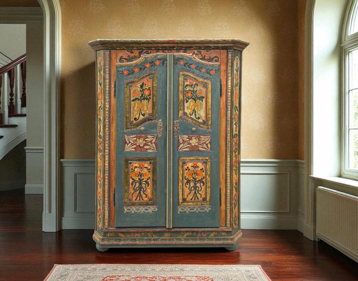 Tyrolean Painted Wardrobe With Floral Motifs – 1829-photo-1