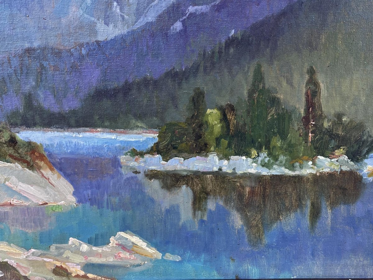 Peinture ancienne "Eibsee et la Zugspitze", Herzberg-Schönwald-photo-2