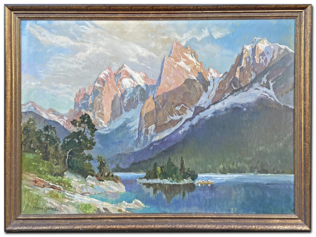 Peinture ancienne "Eibsee et la Zugspitze", Herzberg-Schönwald