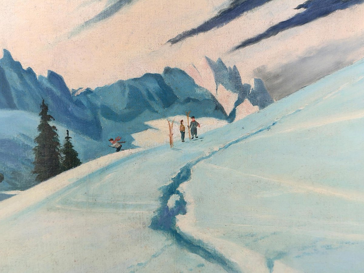 Tableau ancien "Skieurs à Garmisch, Alpspitze"  Début du 20e siècle-photo-2