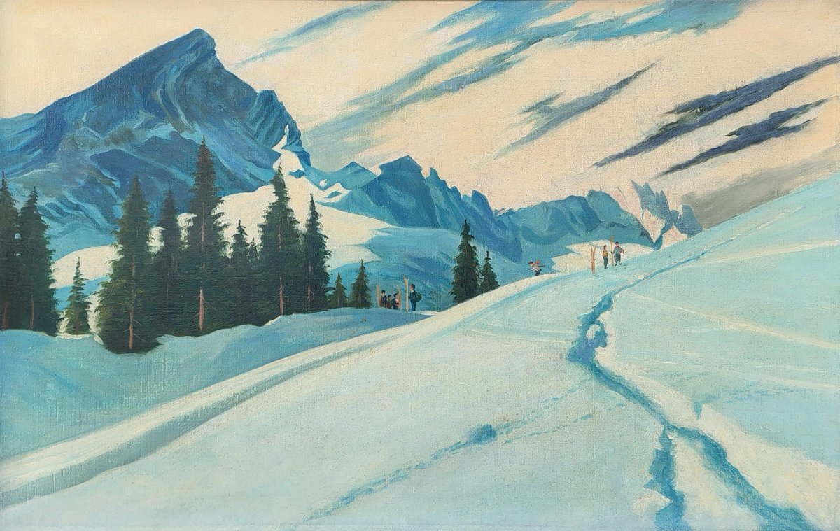 Tableau ancien "Skieurs à Garmisch, Alpspitze"  Début du 20e siècle-photo-4