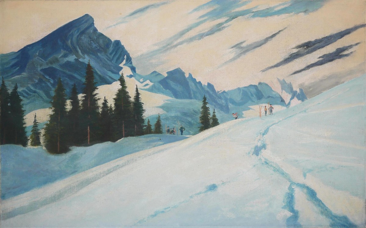 Antique Painting "skiers In Garmisch, Alpspitze – Adalbert Von Wex" - Early '900-photo-3