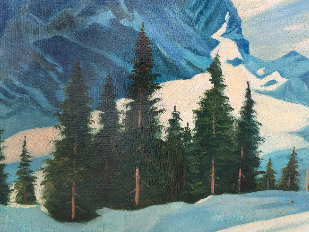 Tableau ancien "Skieurs à Garmisch, Alpspitze"  Début du 20e siècle-photo-3