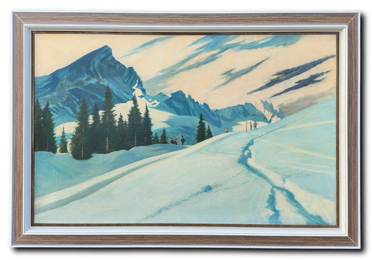 Tableau ancien "Skieurs à Garmisch, Alpspitze"  Début du 20e siècle-photo-7