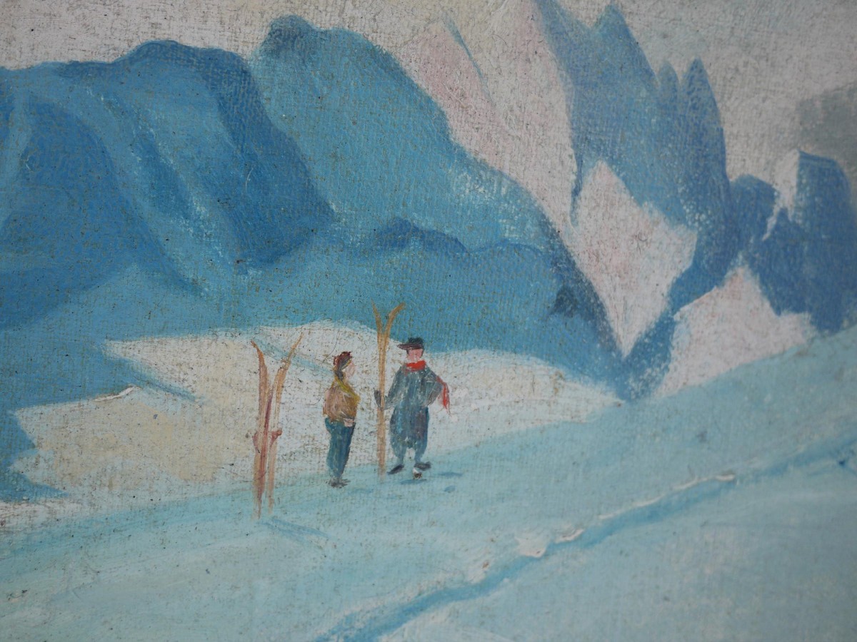 Antique Painting "skiers In Garmisch, Alpspitze – Adalbert Von Wex" - Early '900-photo-5