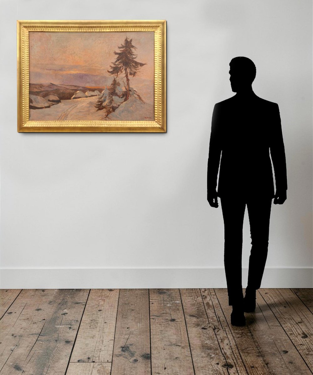 Peinture à l’huile du XXe siècle – Coucher de soleil sur la neige -photo-2