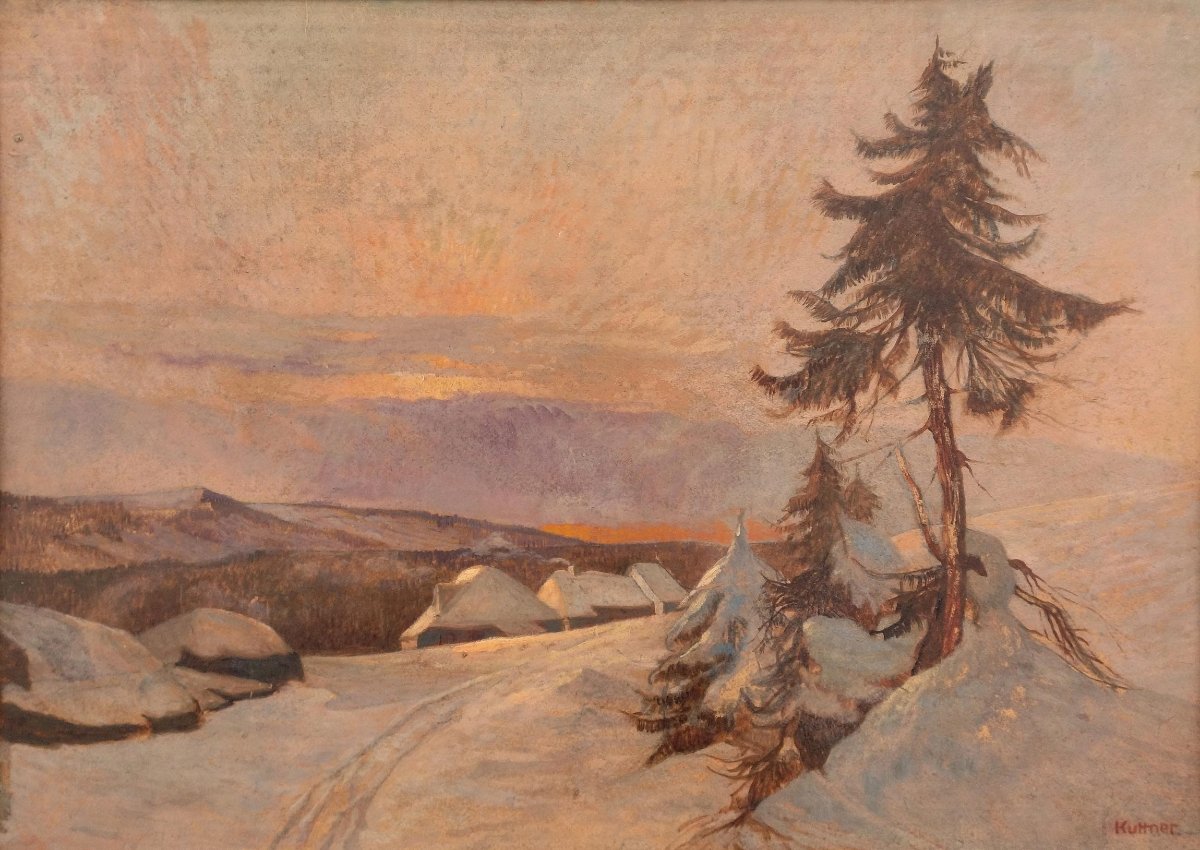 Peinture à l’huile du XXe siècle – Coucher de soleil sur la neige -photo-3