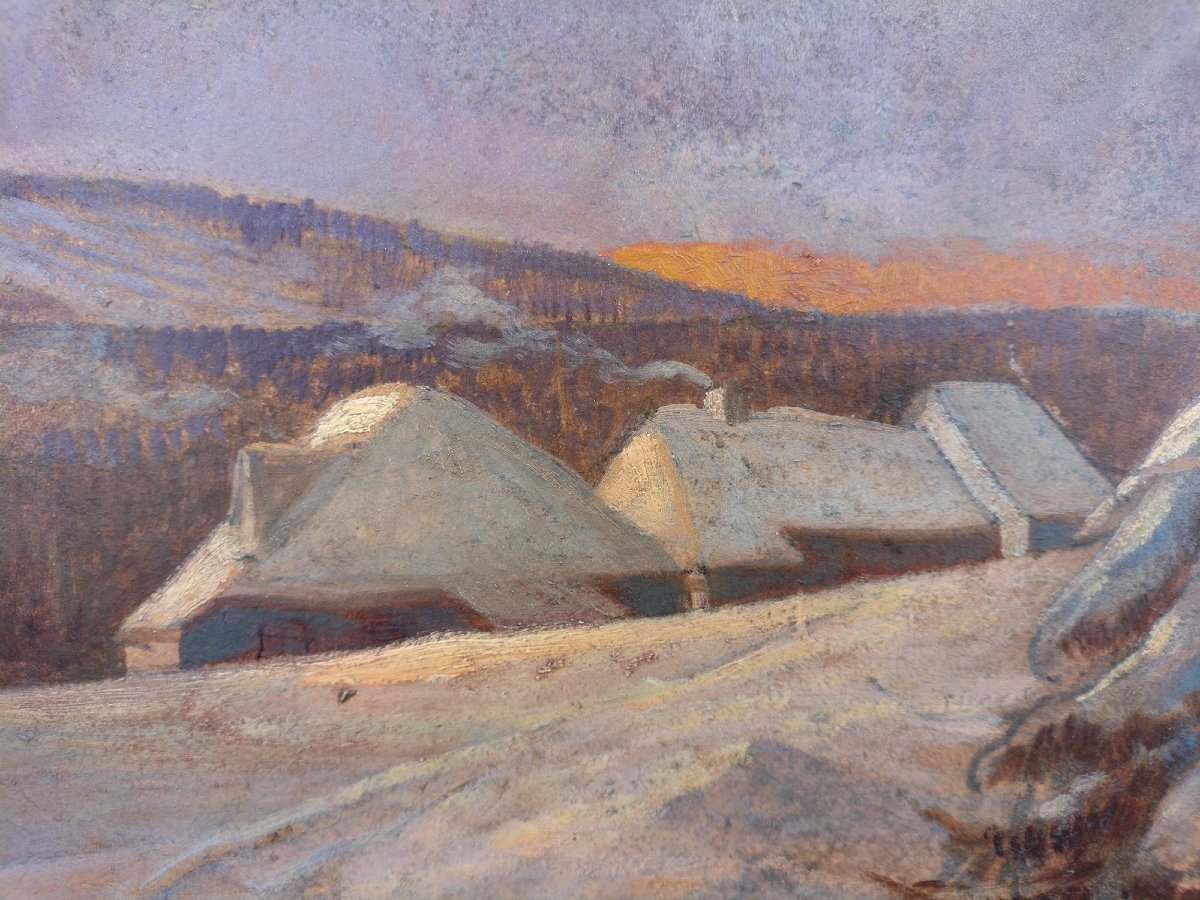 Peinture à l’huile du XXe siècle – Coucher de soleil sur la neige -photo-3