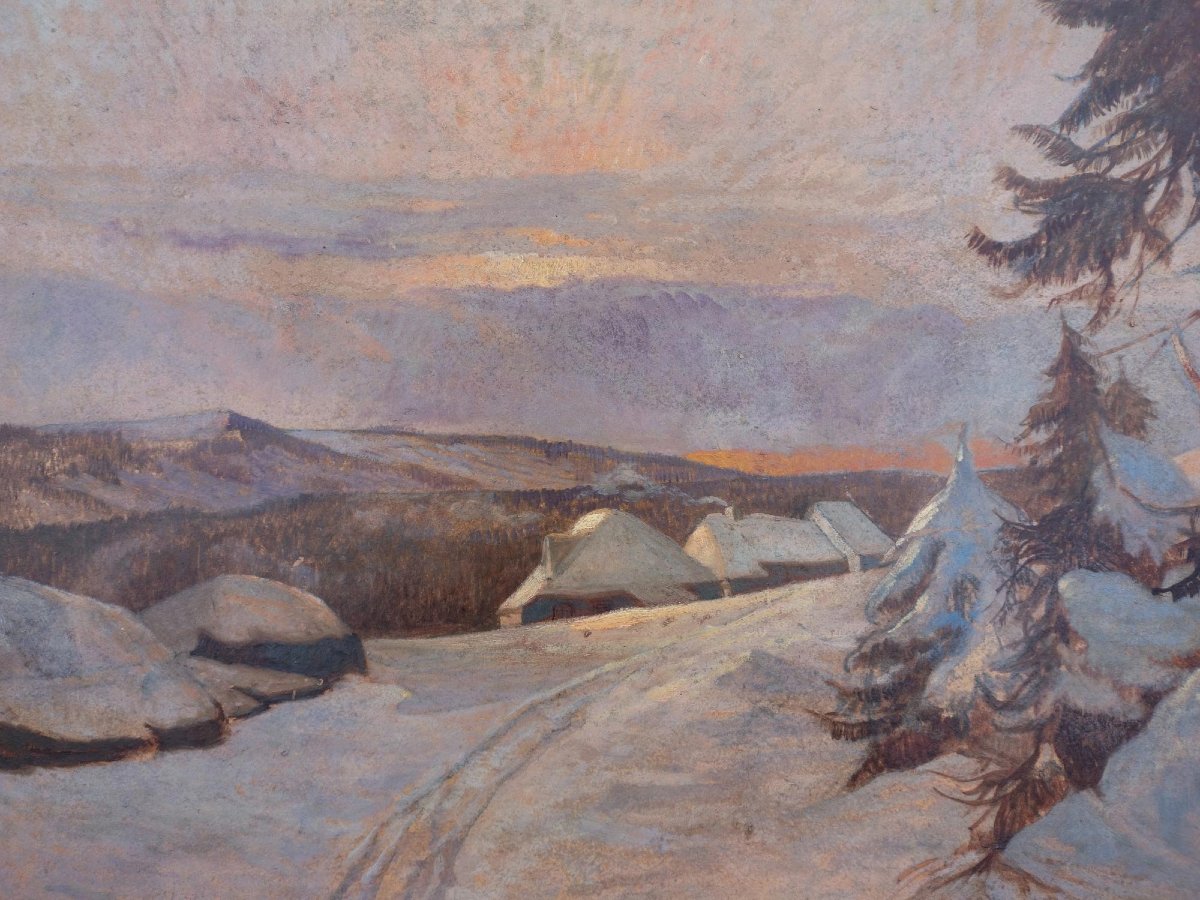 Peinture à l’huile du XXe siècle – Coucher de soleil sur la neige -photo-5