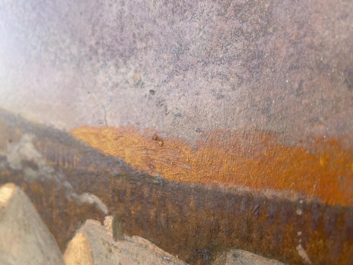 Peinture à l’huile du XXe siècle – Coucher de soleil sur la neige -photo-6