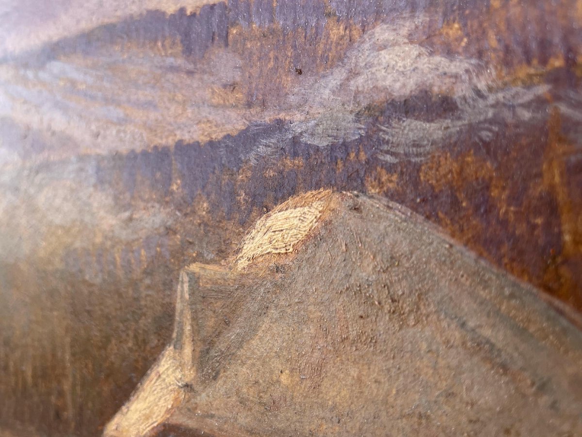 Peinture à l’huile du XXe siècle – Coucher de soleil sur la neige -photo-7