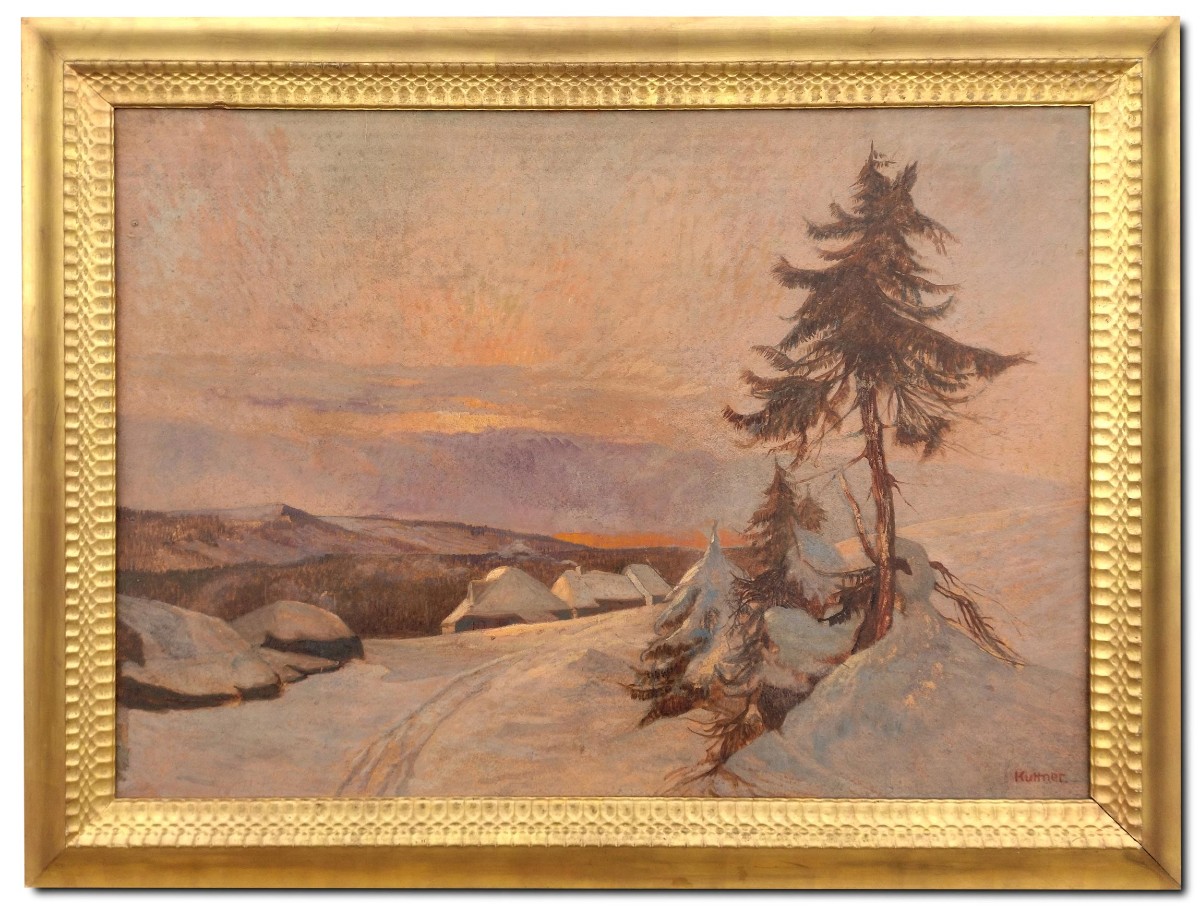 Peinture à l’huile du XXe siècle – Coucher de soleil sur la neige 