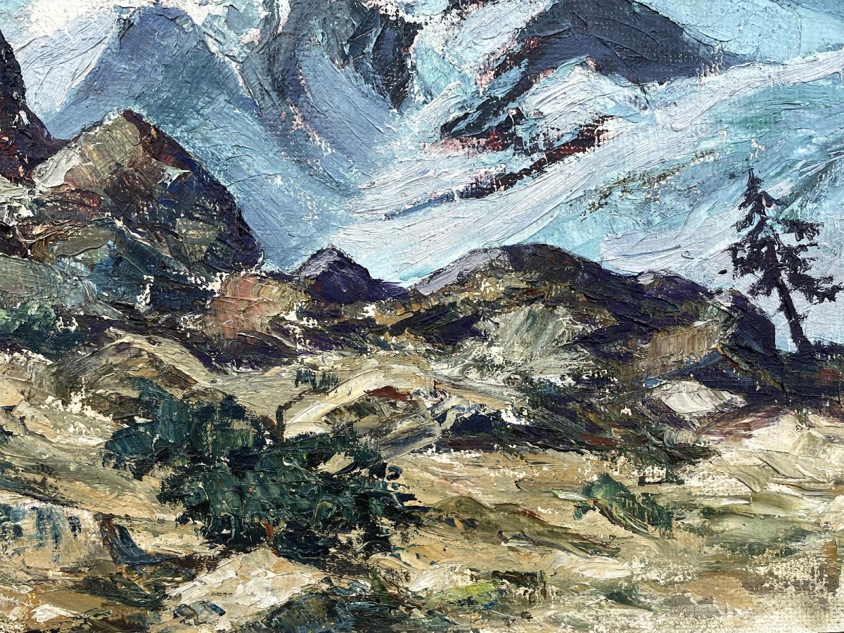 Austrian Alpine Landscape – Oil On Panel, Mid-20th Century -photo-2