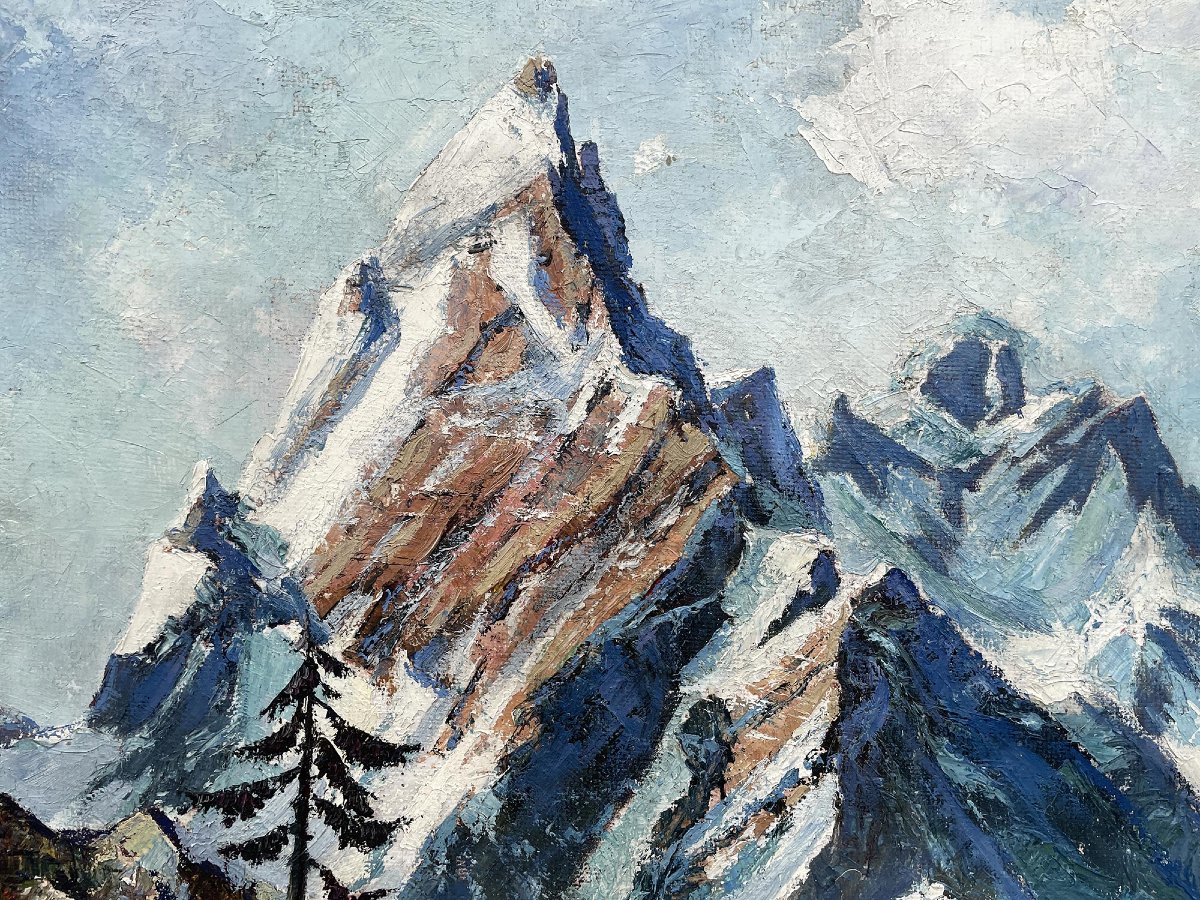 Austrian Alpine Landscape – Oil On Panel, Mid-20th Century -photo-3