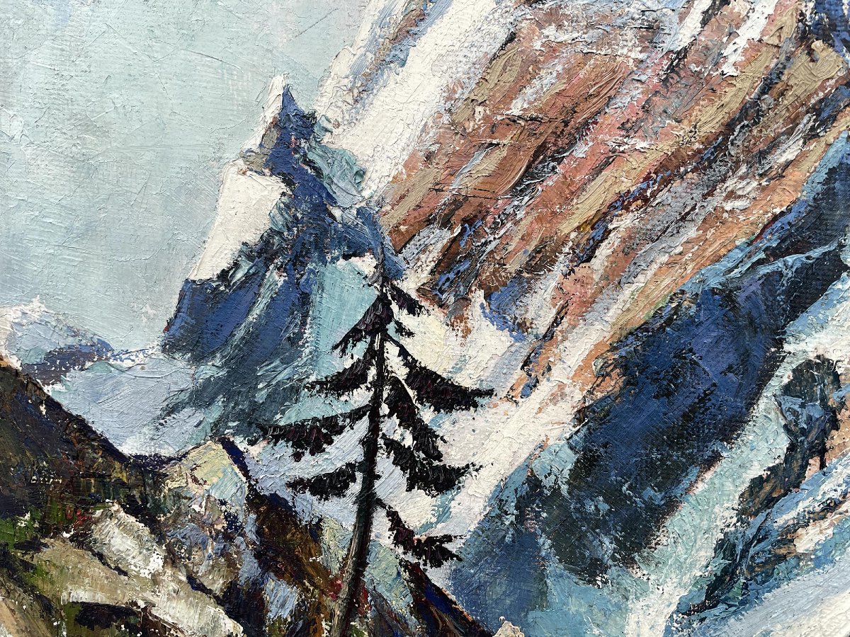 Austrian Alpine Landscape – Oil On Panel, Mid-20th Century -photo-5