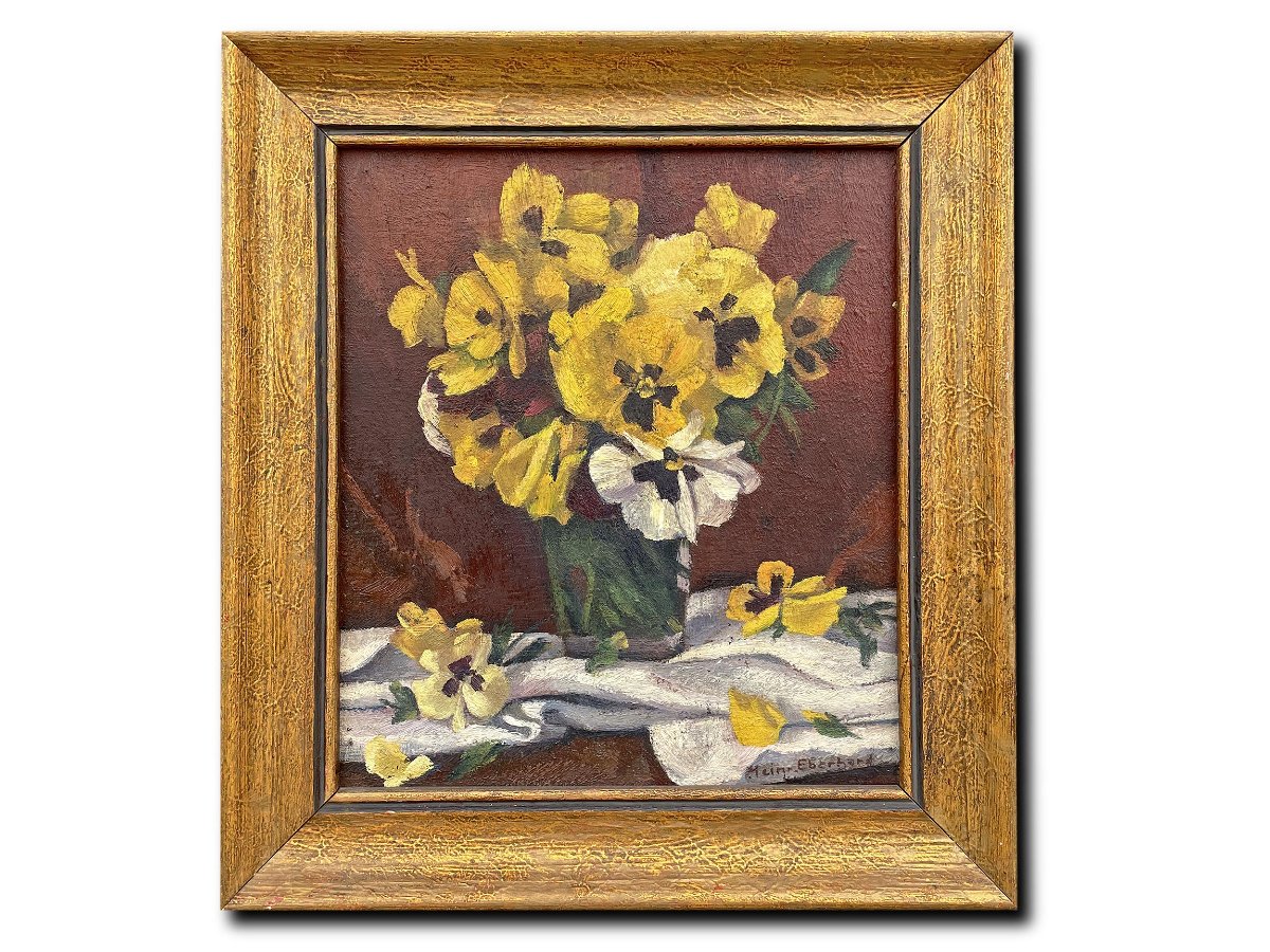 Peinture à l'huile avec fleurs – Pensées – Nature morte florale