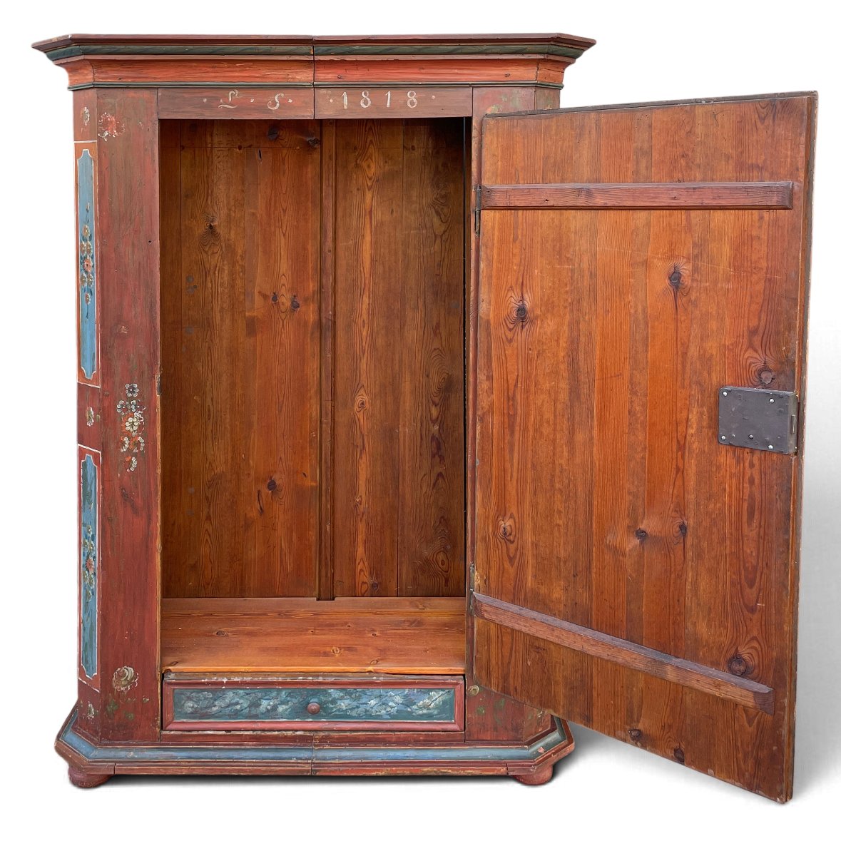 Red Alpine Painted Cabinet With Flowers, Dated 1818  -photo-2