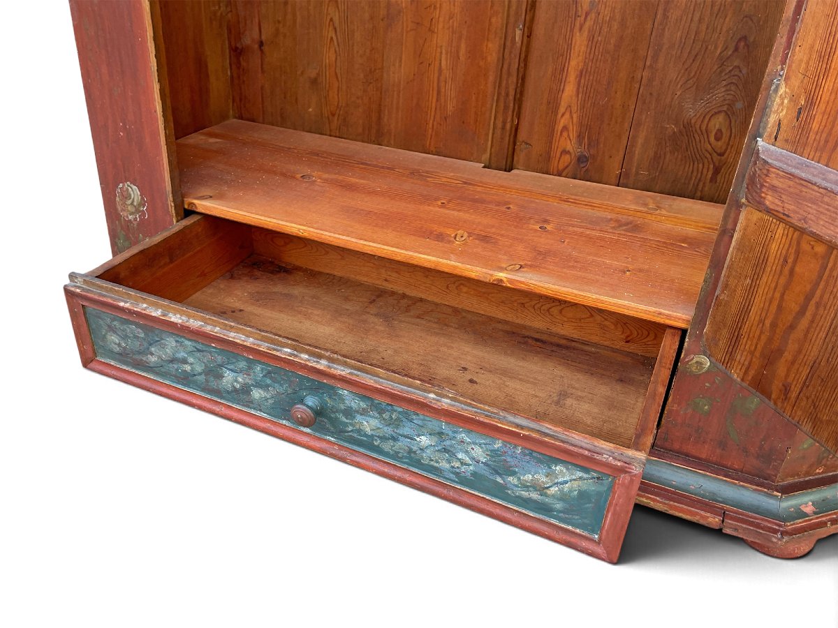 Red Alpine Painted Cabinet With Flowers, Dated 1818  -photo-4