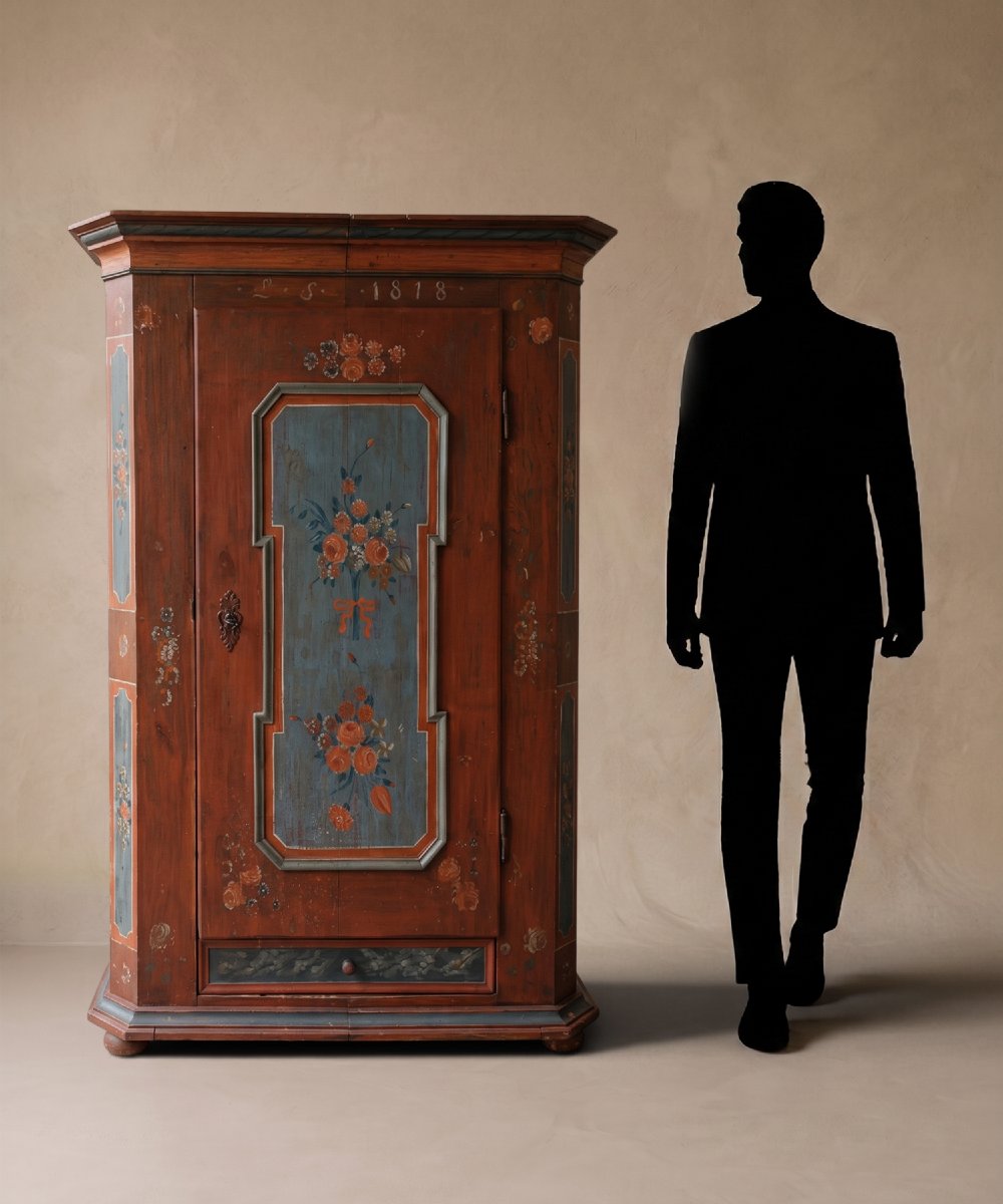Red Alpine Painted Cabinet With Flowers, Dated 1818  -photo-7