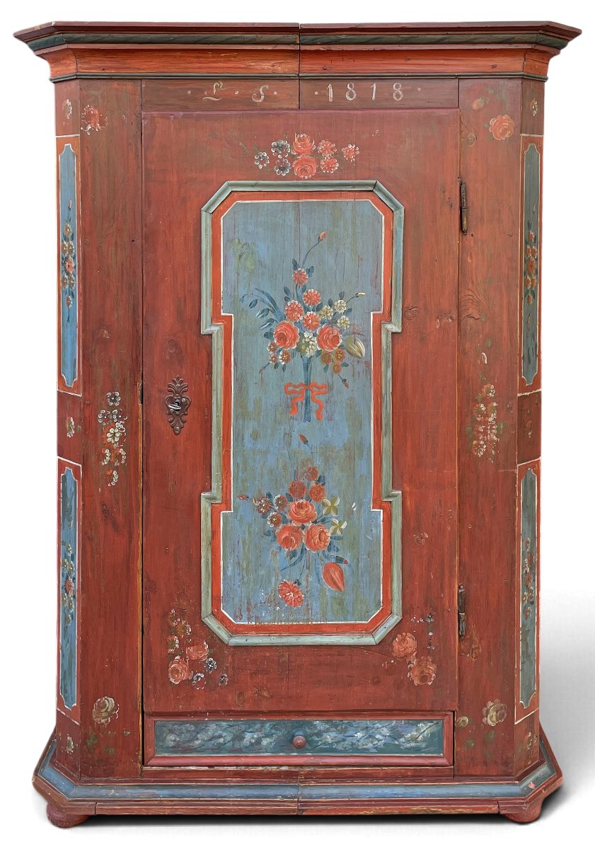 Red Alpine Painted Cabinet With Flowers, Dated 1818  