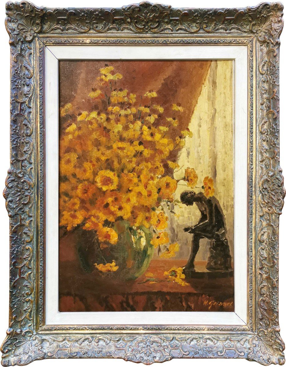 Table With Yellow Daisies And Statuette