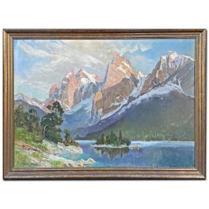Peinture ancienne "Eibsee et la Zugspitze", Herzberg-Schönwald