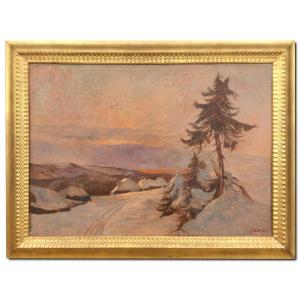 20th-century Oil Painting – Sunset On The Snow