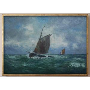 Sailboats In A Stormy Sea, Oil On Canvas By Alexandre Essfeld