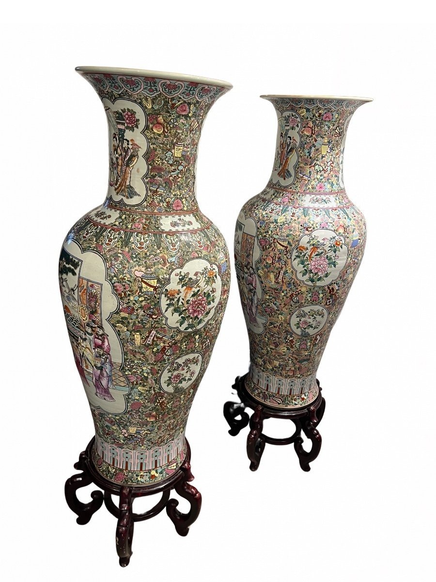 Paire Of Large Decorated Ceramic Vases, China, With Wooden Bases