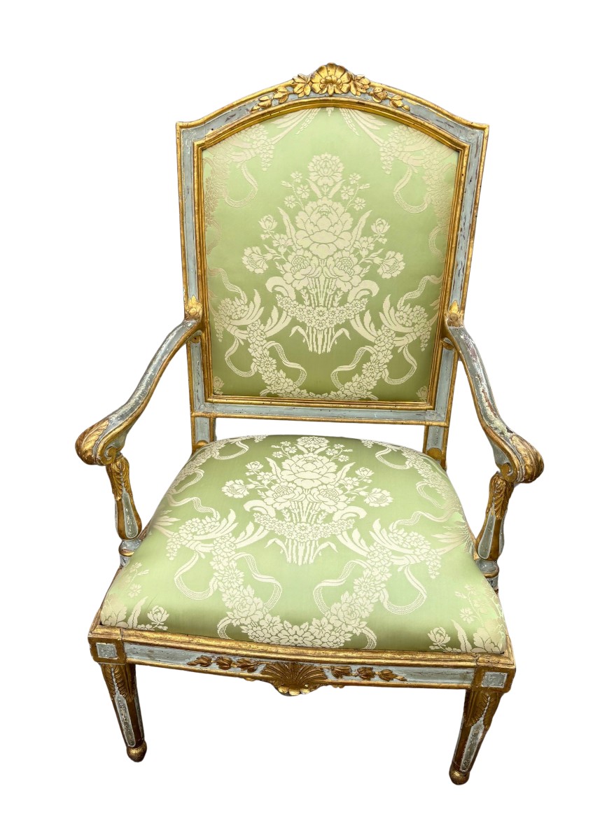 Série De 4 Fauteuils Génois En Laque Claire Et Or-photo-2