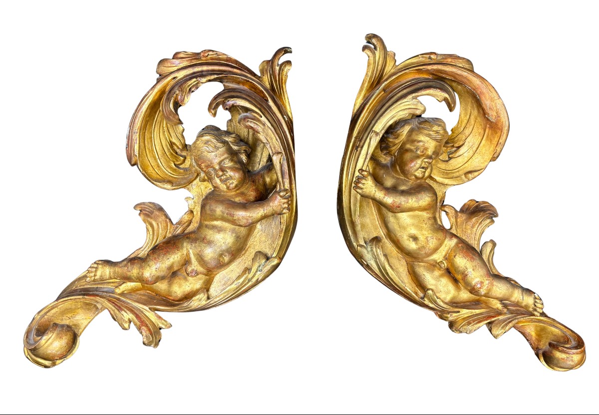Pair Of Carved And Gilded Wooden Putti