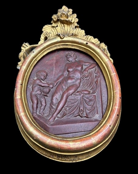 Red Venated Marble Panel  With Neoclassical Scene Sculpted-photo-2