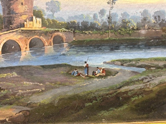 Tempera On Paper In Gilded Wood Frame-photo-2