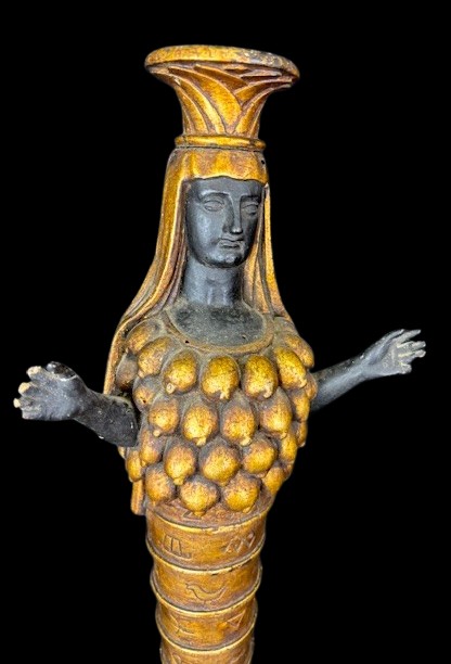 Pair Of Sculptures Depicting Egyptian Figures In Lacquered And Gilded Wood On White Marble Base-photo-3