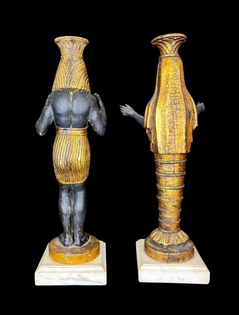 Pair Of Sculptures Depicting Egyptian Figures In Lacquered And Gilded Wood On White Marble Base-photo-4