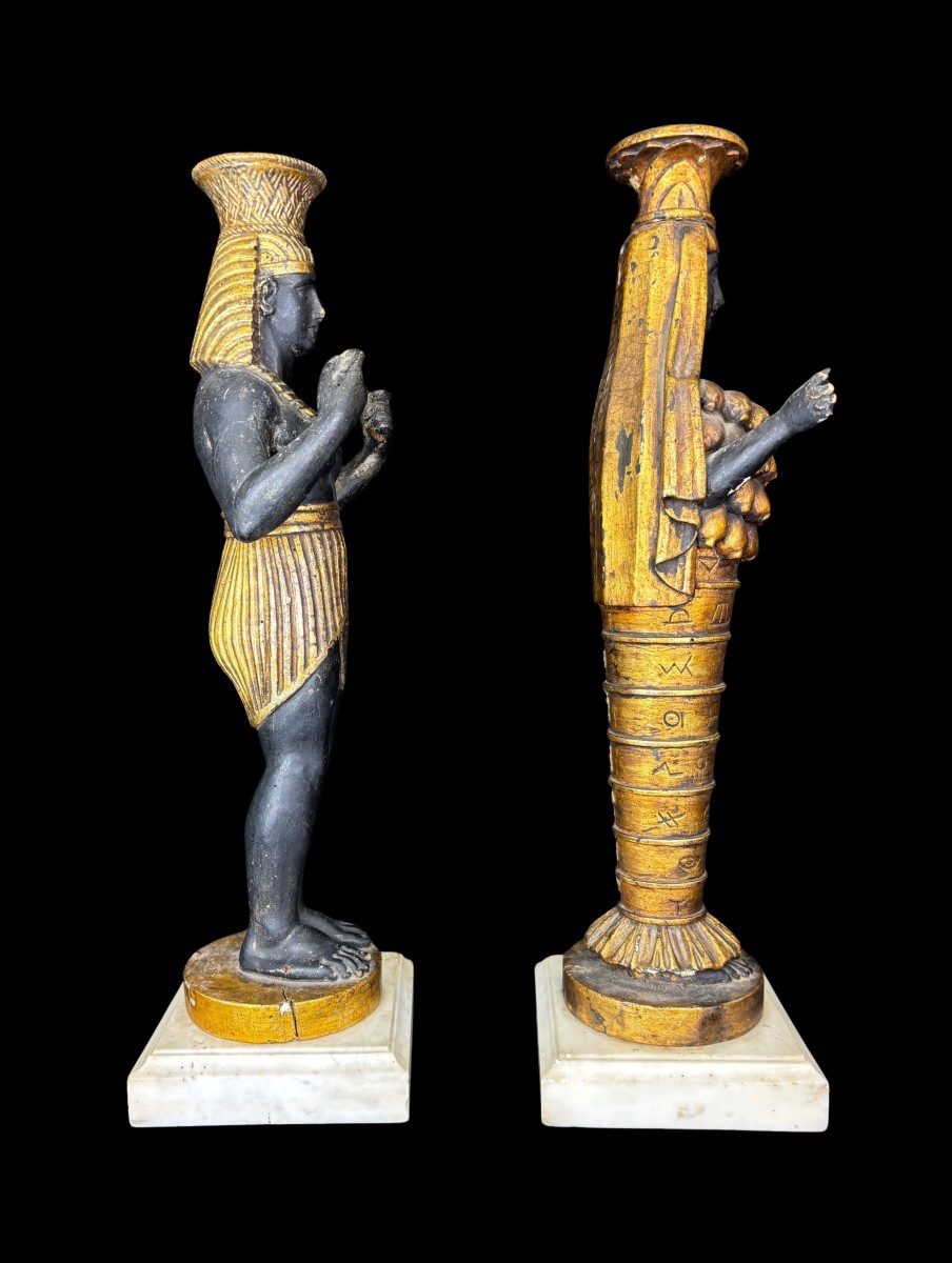 Pair Of Sculptures Depicting Egyptian Figures In Lacquered And Gilded Wood On White Marble Base-photo-1