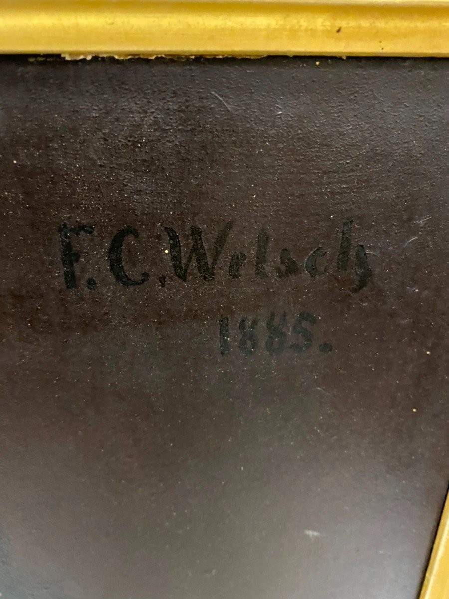 peint sur carton signé et daté  " F.C. Welsch 1885 " dans un cadre original -photo-2