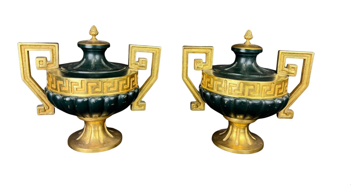Pair Of Vases In Gilded Bronze With Mercury And Burnished