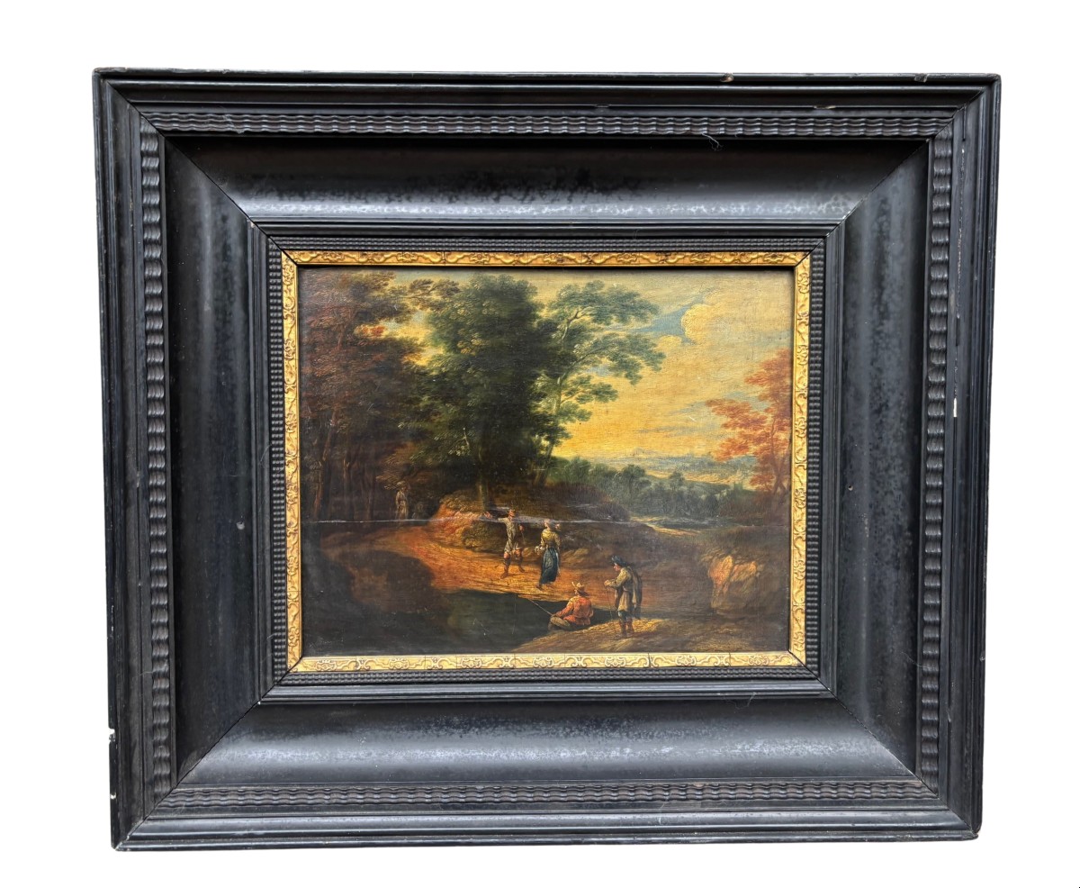Flemish Painting On A Framed Panel Depicting A Landscape