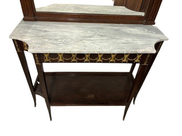 Neapolitan Console In Mahogany With Marble Top Cipollino And Friezes In Gilded Bronze-photo-3