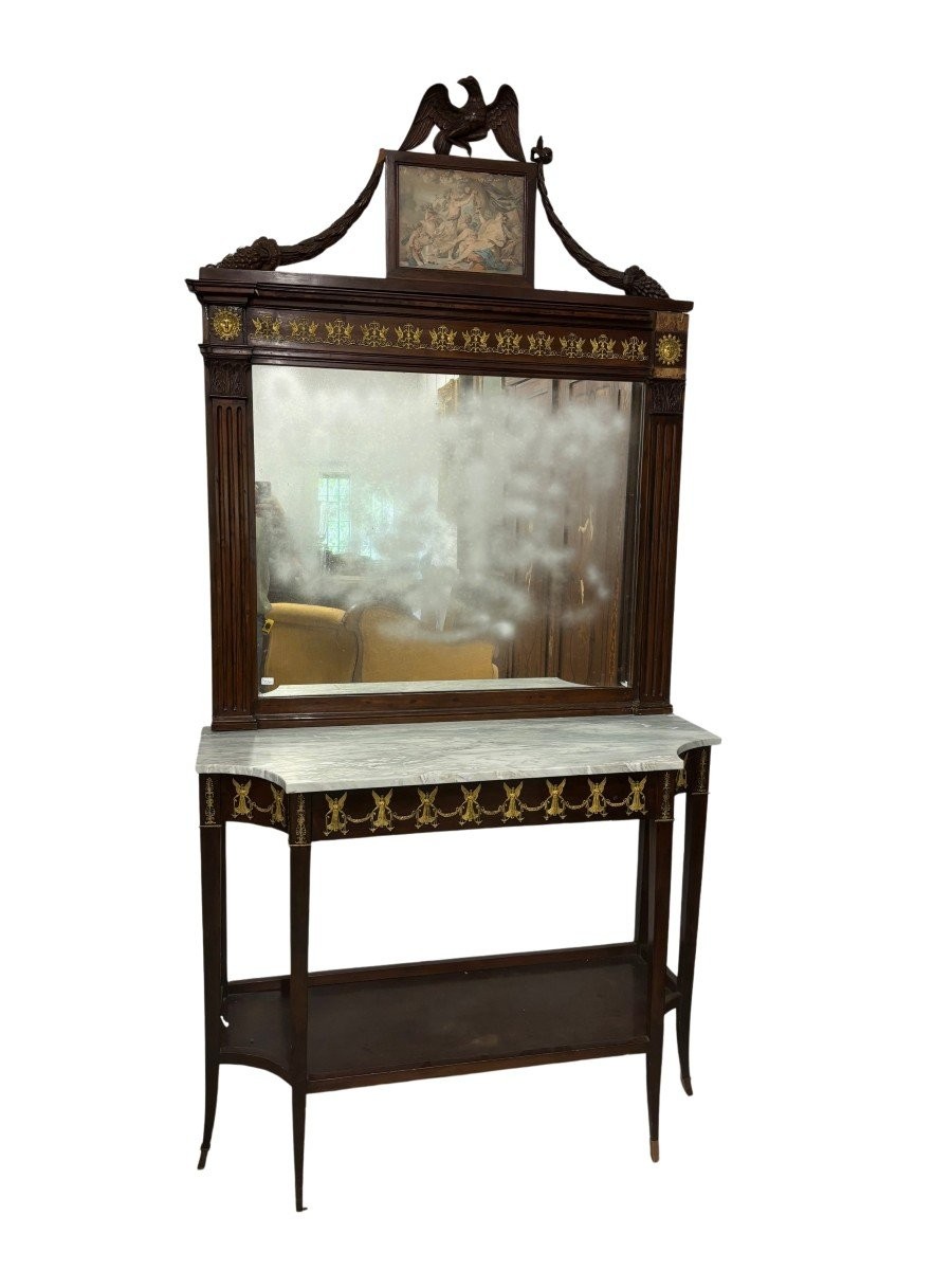 Neapolitan Console In Mahogany With Marble Top Cipollino And Friezes In Gilded Bronze